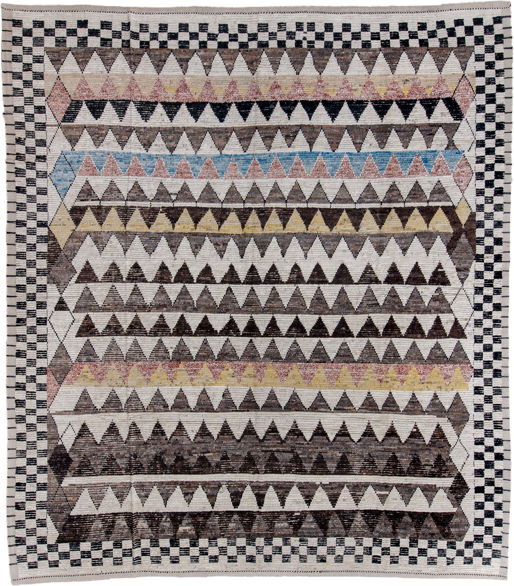 13' x 15' one-of-a-kind handmade vintage Tulu oversize rug. Color palette: ivory, charcoal, taupe, brown, soft blue, blush