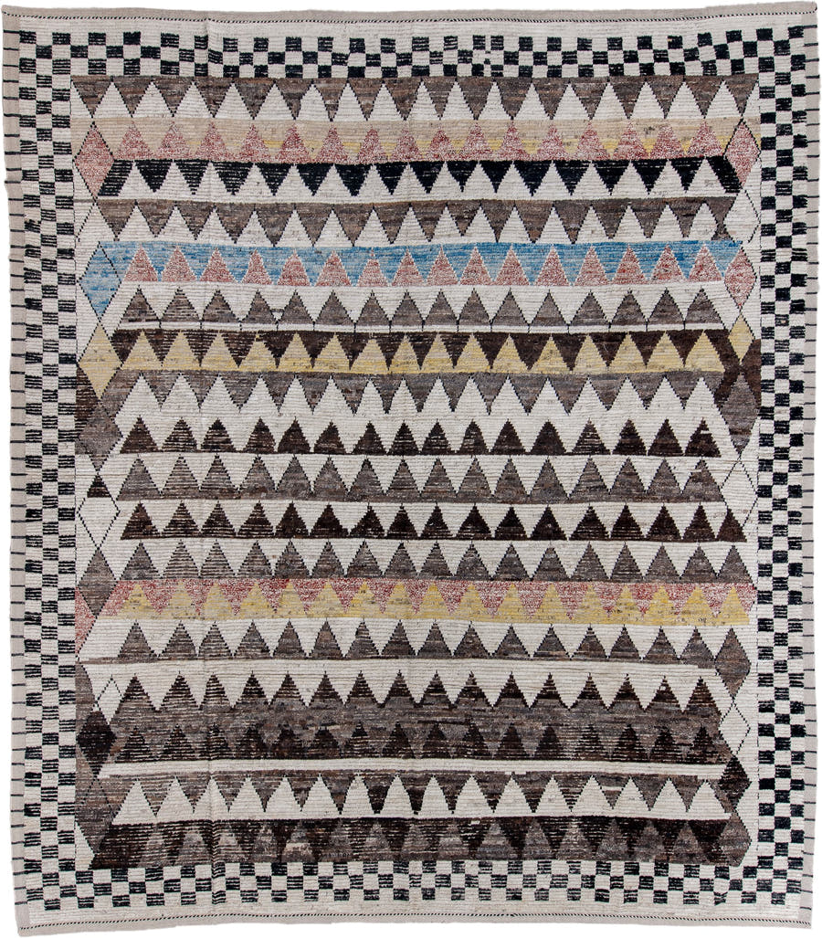 13' x 15' one-of-a-kind handmade vintage Tulu oversize rug. Color palette: ivory, charcoal, taupe, brown, soft blue, blush