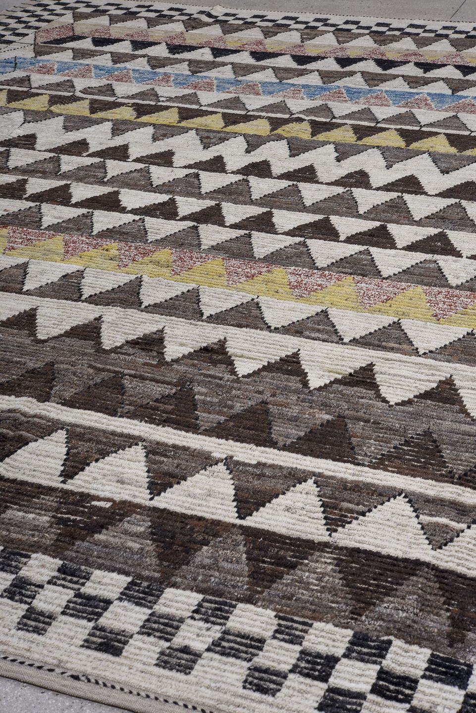 13' x 15' one-of-a-kind handmade vintage Tulu oversize rug. Color palette: ivory, charcoal, taupe, brown, soft blue, blush