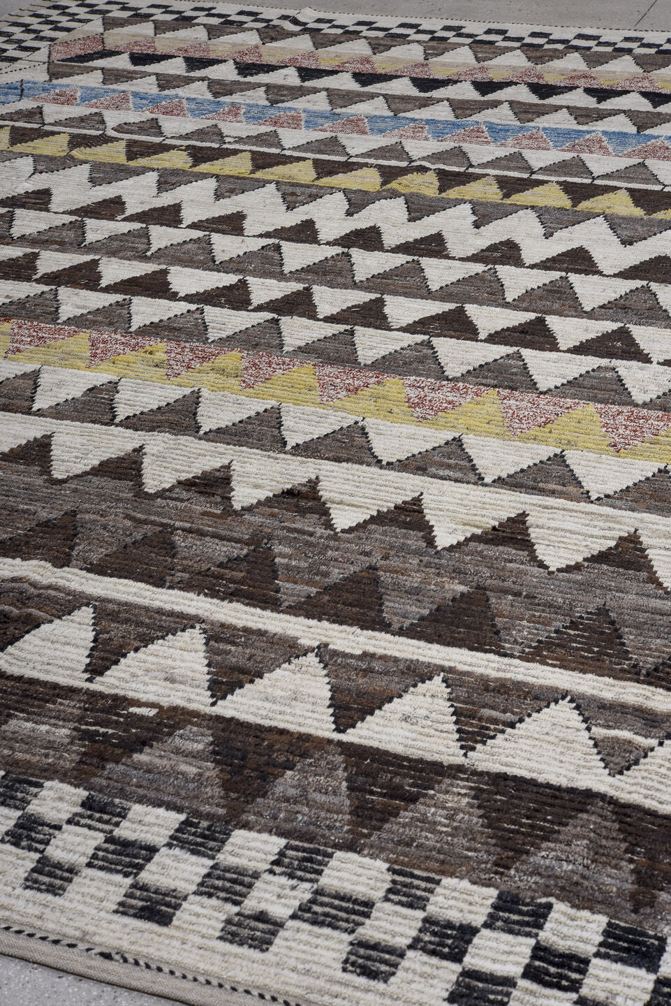 13' x 15' one-of-a-kind handmade vintage Tulu oversize rug. Color palette: ivory, charcoal, taupe, brown, soft blue, blush