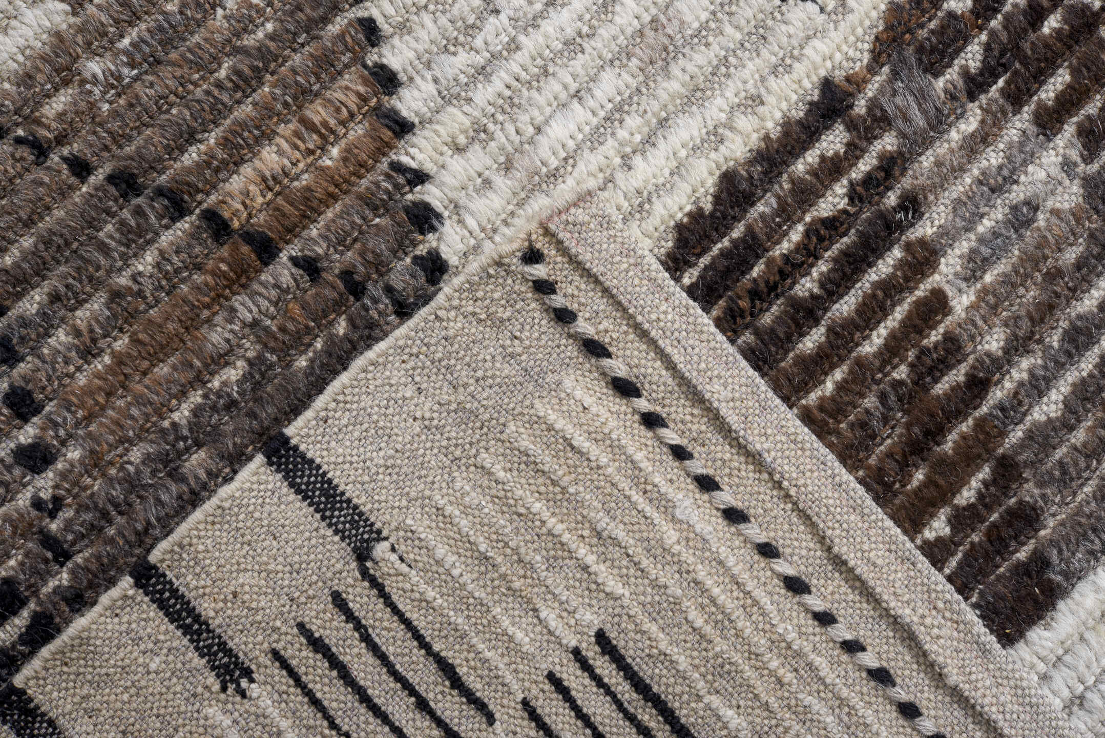 13' x 15' one-of-a-kind handmade vintage Tulu oversize rug. Color palette: ivory, charcoal, taupe, brown, soft blue, blush
