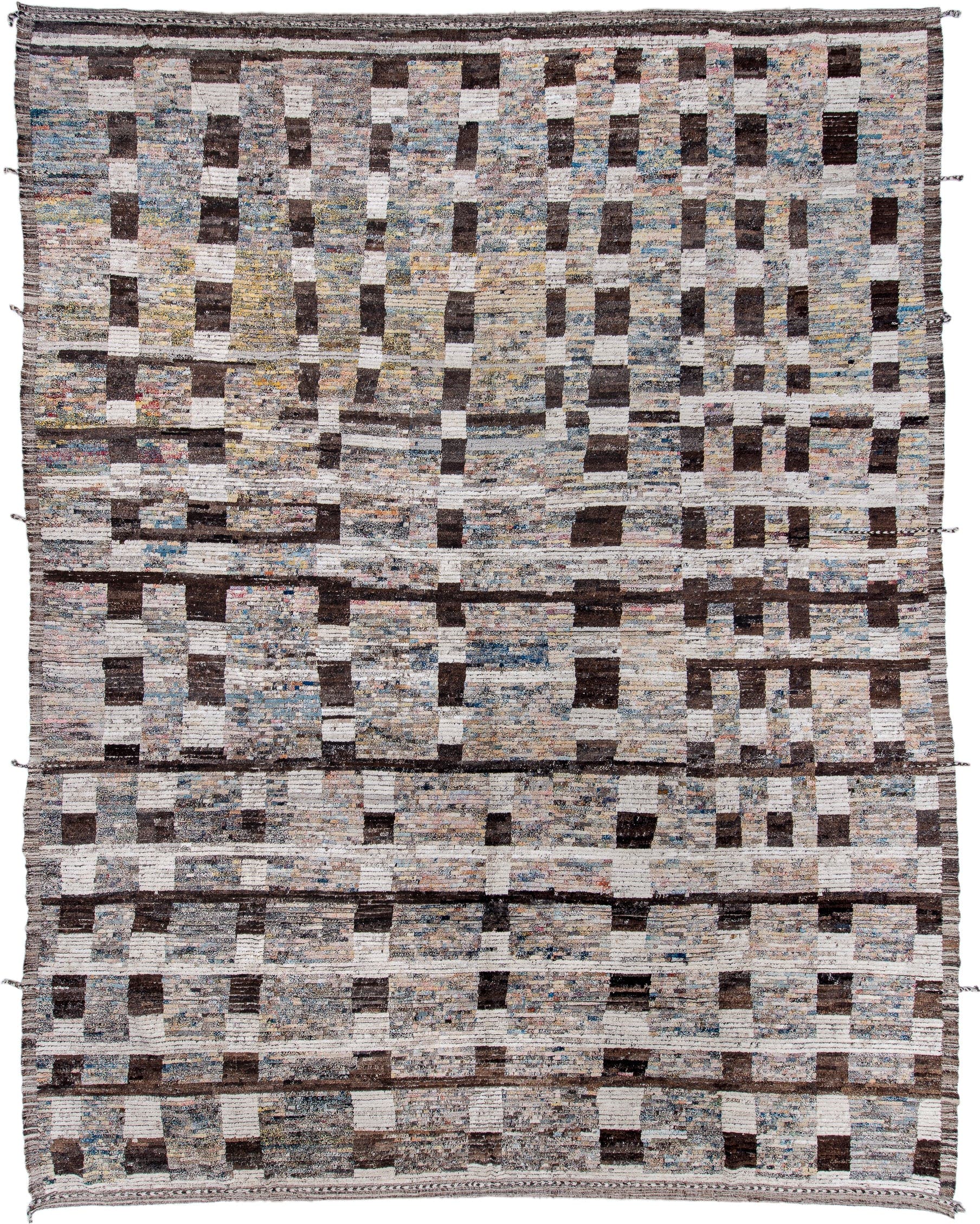14' x 19' one-of-a-kind handmade vintage Tulu oversize rug. Color palette: ivory, charcoal, slate, taupe, sky blue, cream