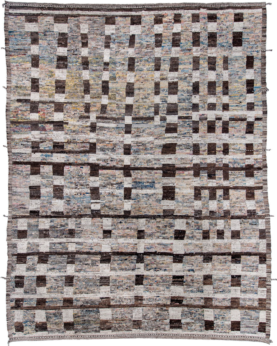 14' x 19' one-of-a-kind handmade vintage Tulu oversize rug. Color palette: ivory, charcoal, slate, taupe, sky blue, cream