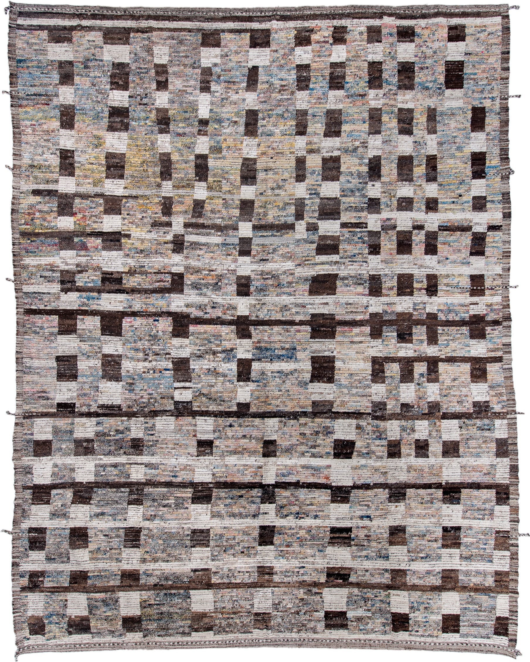 14' x 19' one-of-a-kind handmade vintage Tulu oversize rug. Color palette: ivory, charcoal, slate, taupe, sky blue, cream
