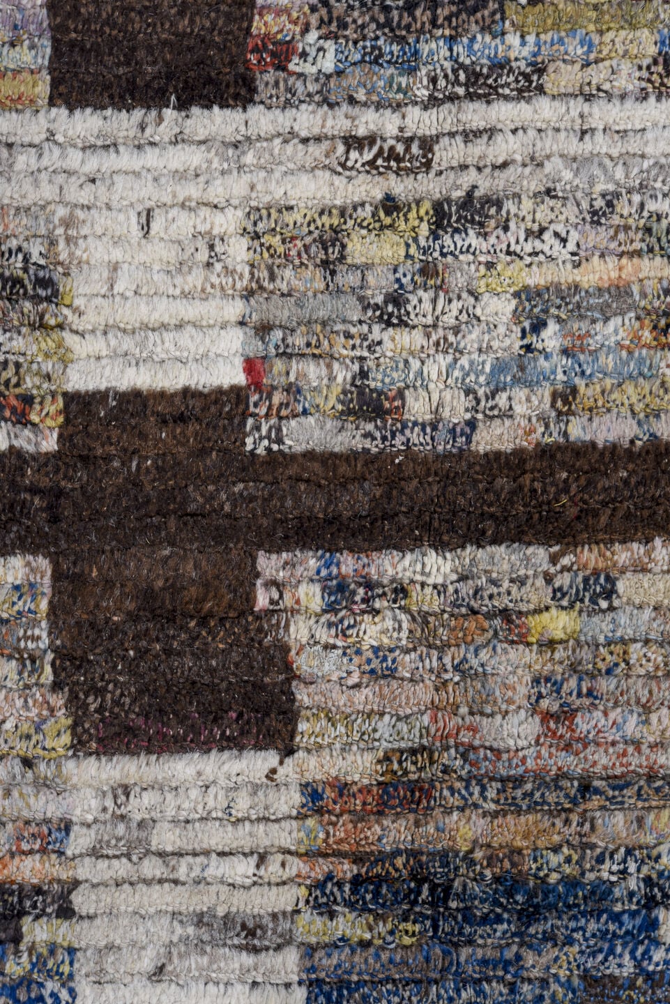 14' x 19' one-of-a-kind handmade vintage Tulu oversize rug. Color palette: ivory, charcoal, slate, taupe, sky blue, cream