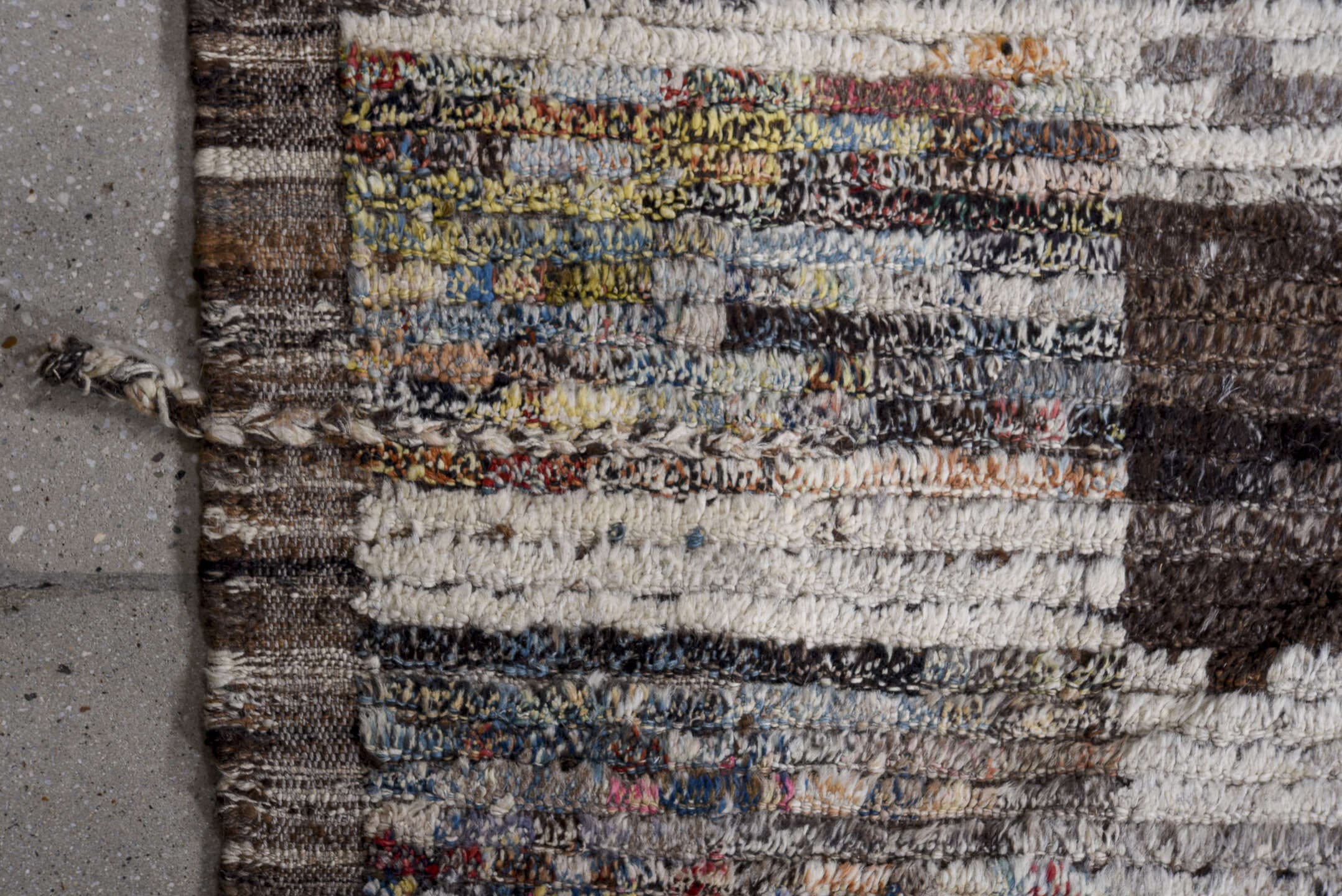 14' x 19' one-of-a-kind handmade vintage Tulu oversize rug. Color palette: ivory, charcoal, slate, taupe, sky blue, cream