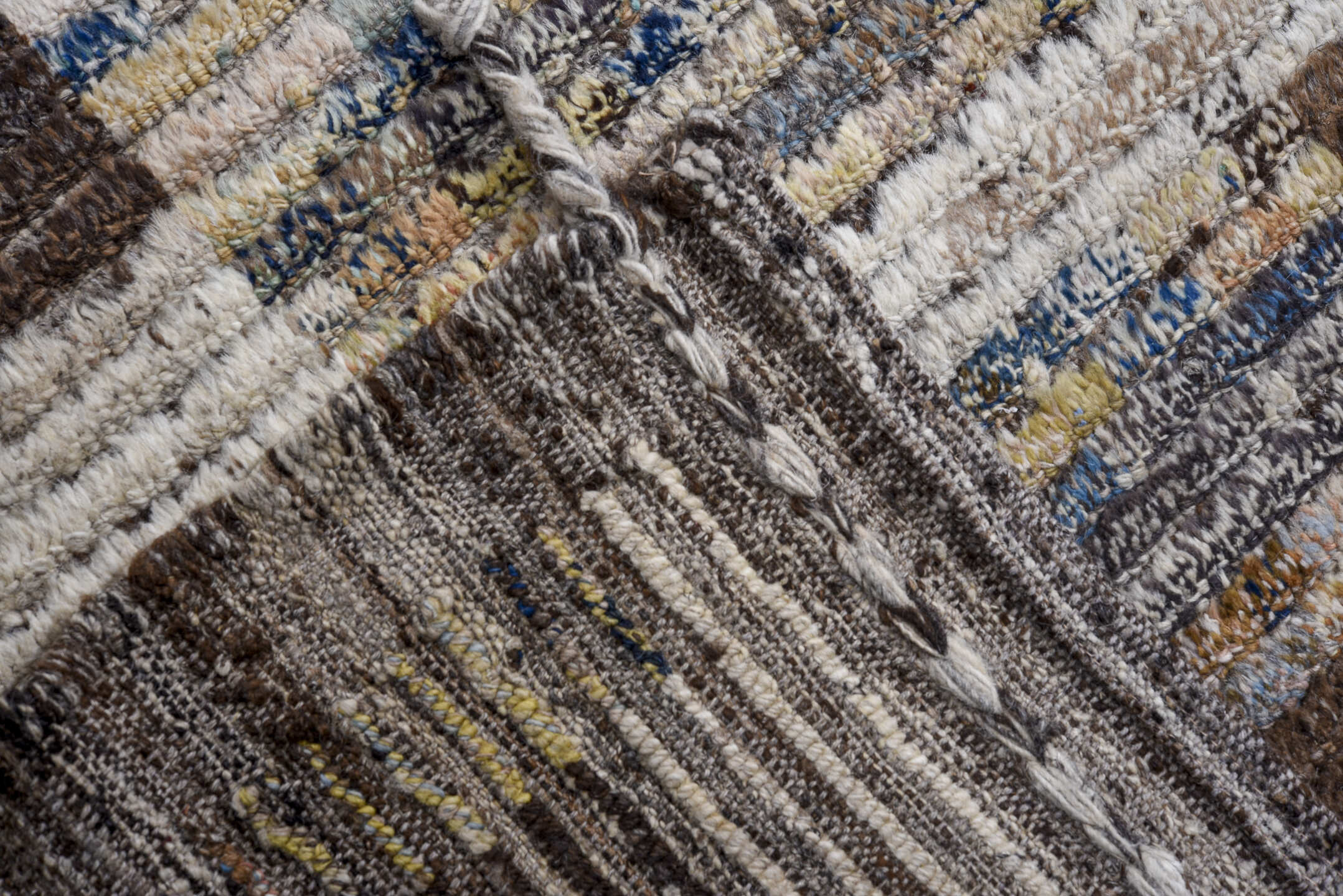 14' x 19' one-of-a-kind handmade vintage Tulu oversize rug. Color palette: ivory, charcoal, slate, taupe, sky blue, cream