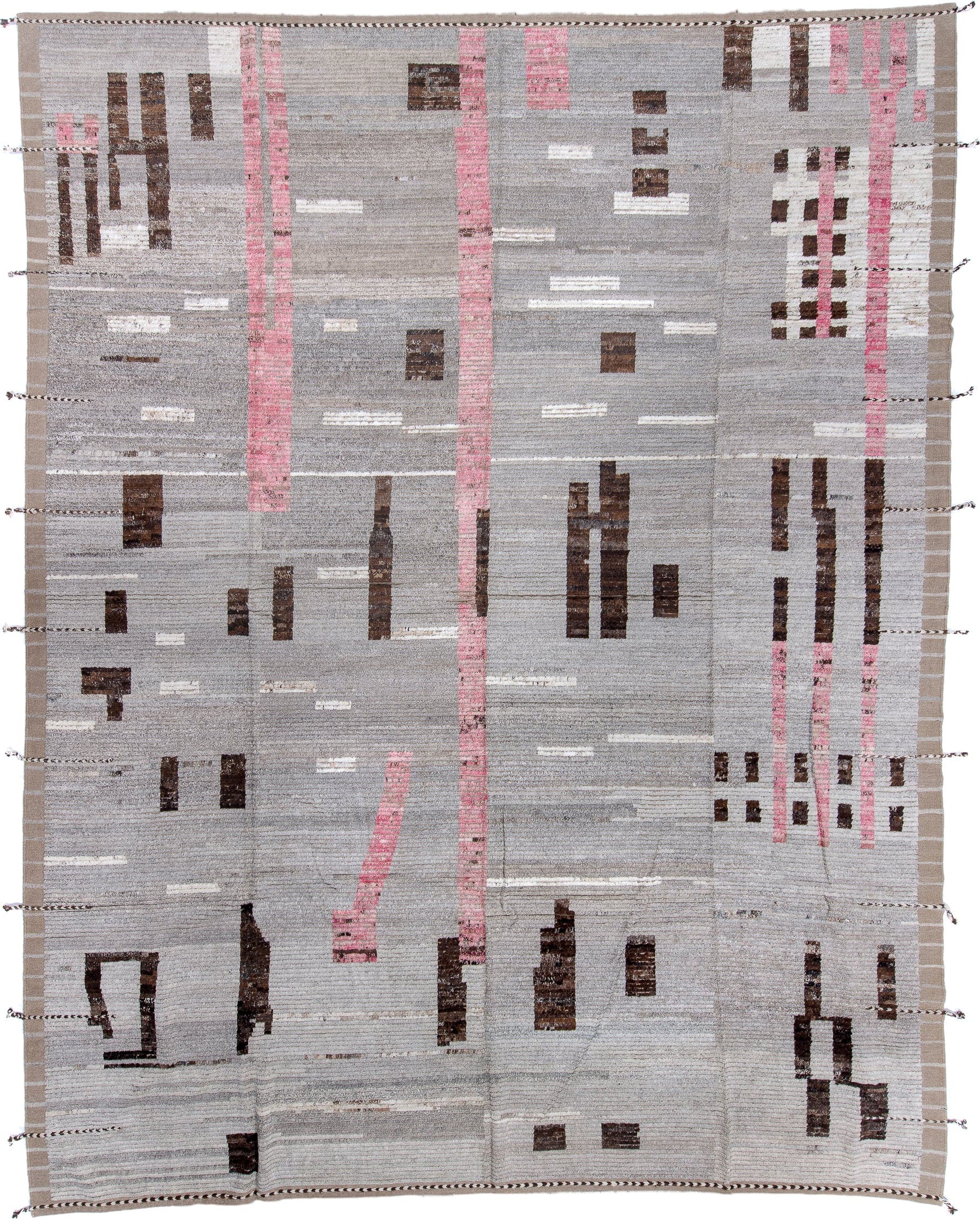 13' x 16' one-of-a-kind handmade vintage Tulu oversize rug. Color palette: gray, ivory, charcoal, blush, taupe, black, pink