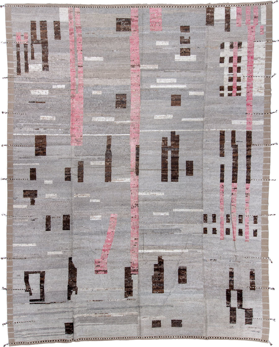 13' x 16' one-of-a-kind handmade vintage Tulu oversize rug. Color palette: gray, ivory, charcoal, blush, taupe, black, pink