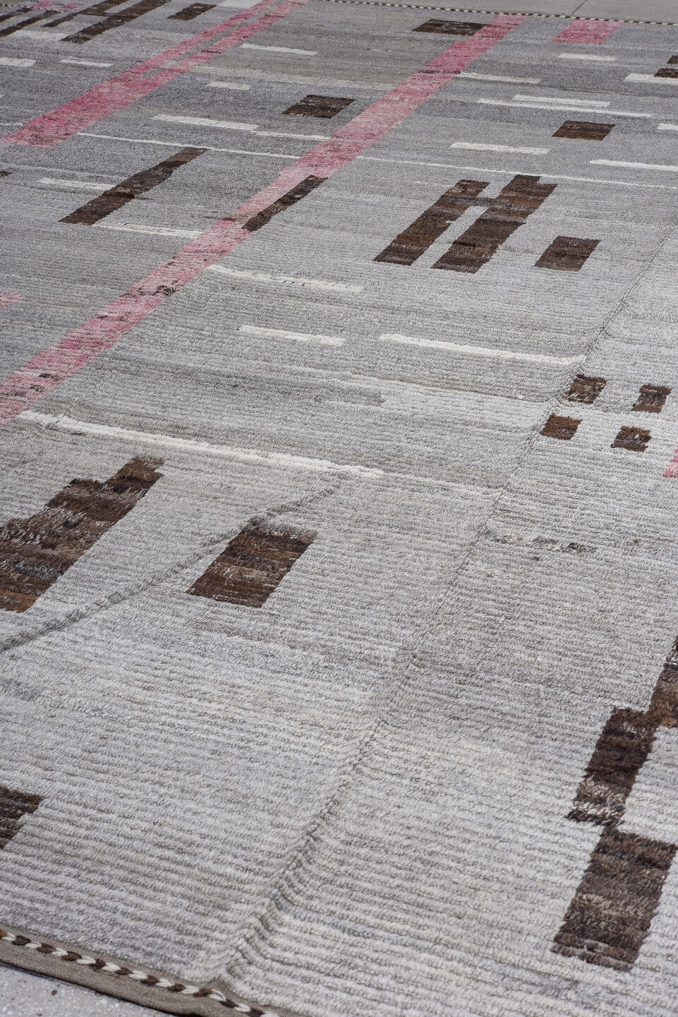 13' x 16' one-of-a-kind handmade vintage Tulu oversize rug. Color palette: gray, ivory, charcoal, blush, taupe, black, pink