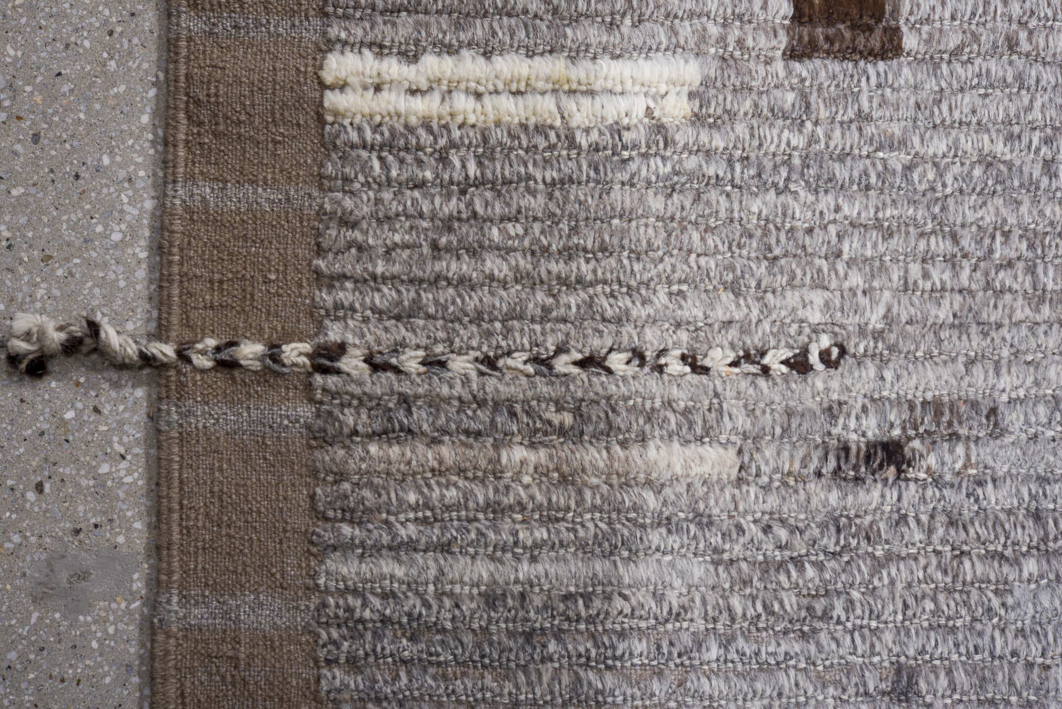 13' x 16' one-of-a-kind handmade vintage Tulu oversize rug. Color palette: gray, ivory, charcoal, blush, taupe, black, pink