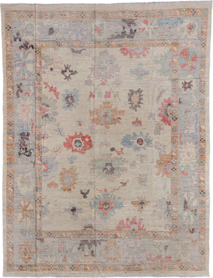 11' x 14' one-of-a-kind handmade vintage Oushak oversize rug. Color palette: ivory, beige, pale blue, blush, taupe, sand