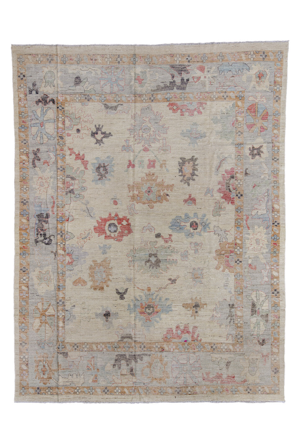 11' x 14' one-of-a-kind handmade vintage Oushak oversize rug. Color palette: black, brown, dark gray, dim gray, gray