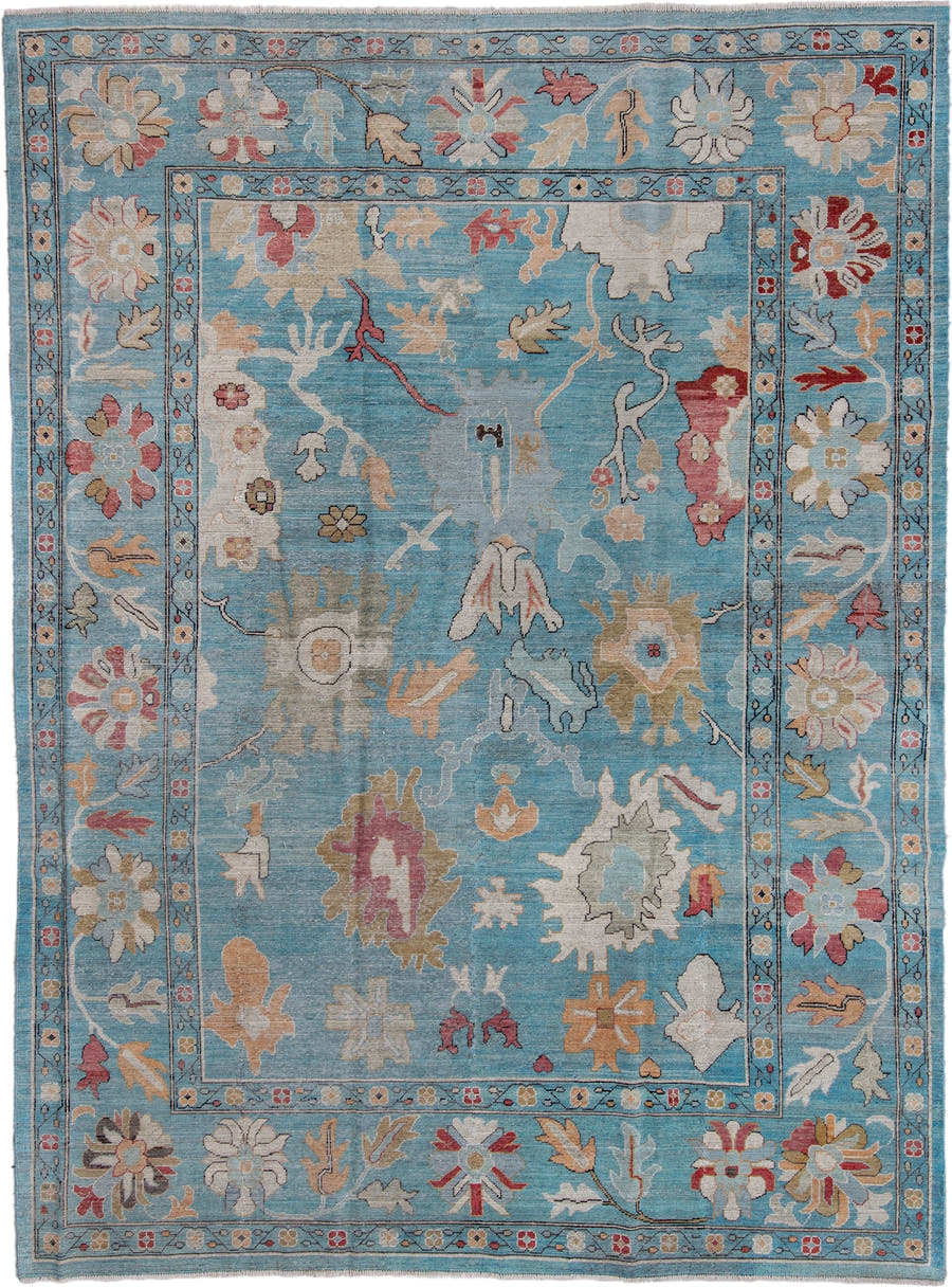 8' x 11' one-of-a-kind handmade vintage Oushak large size rug. Color palette: sky blue, ivory, blush, gold, beige, rose