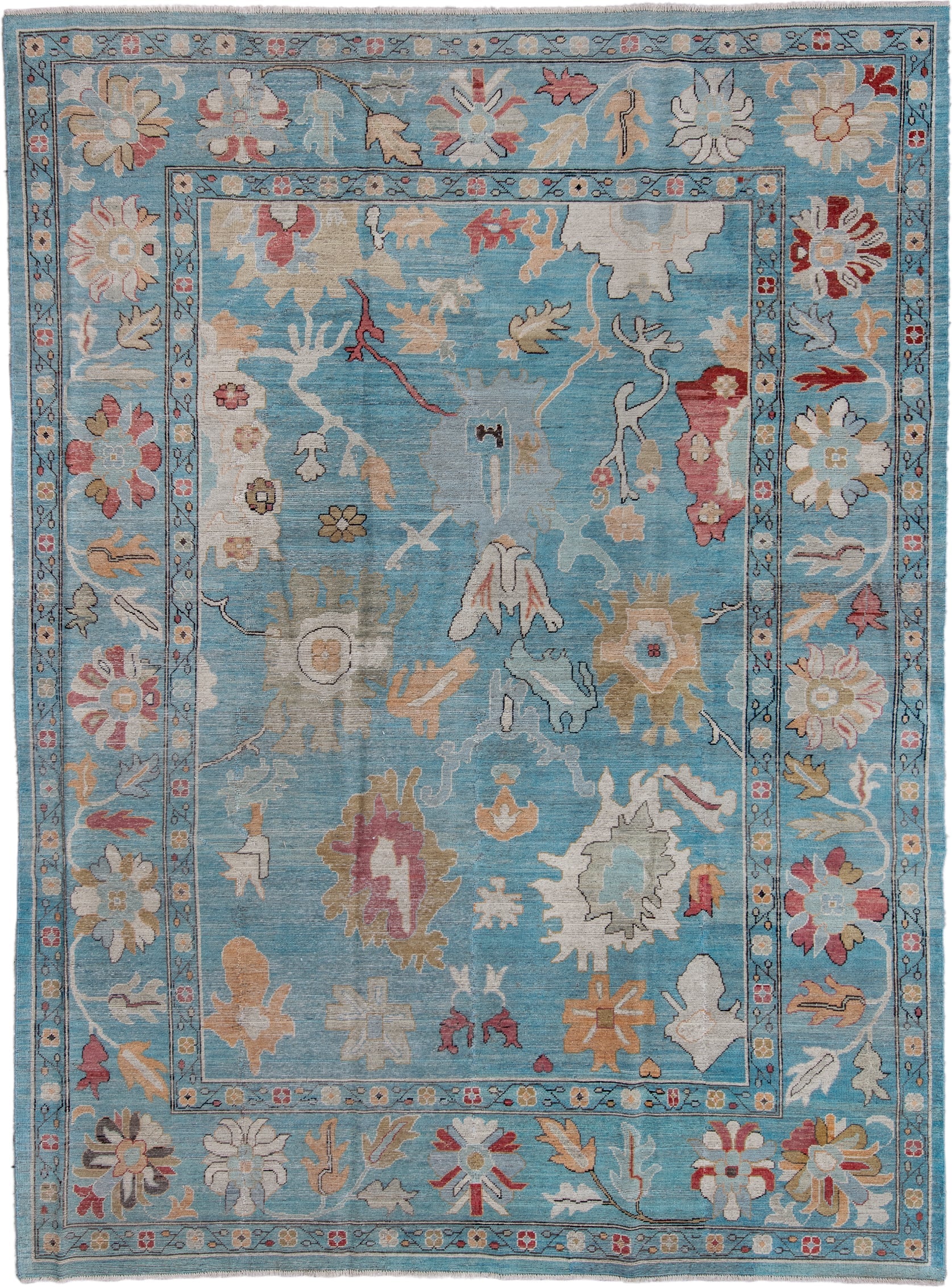 8' x 11' one-of-a-kind handmade vintage Oushak large size rug. Color palette: sky blue, ivory, blush, gold, beige, rose
