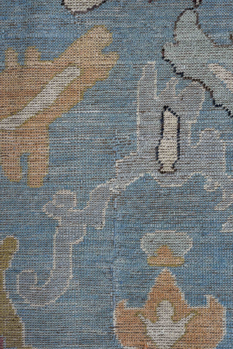 8' x 11' one-of-a-kind handmade vintage Oushak large size rug. Color palette: sky blue, ivory, blush, gold, beige, rose