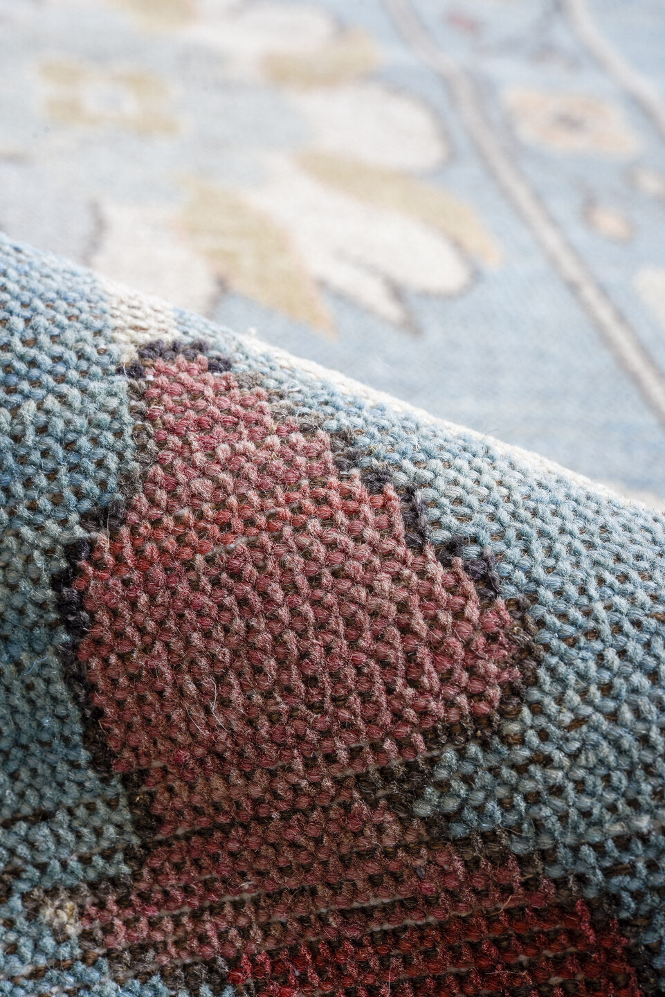 8' x 11' one-of-a-kind handmade vintage Oushak large size rug. Color palette: black, blue, brown, charcoal, dark gray