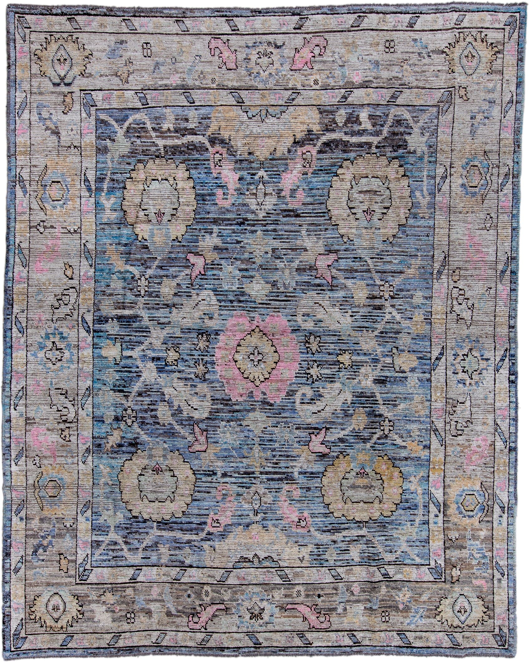9' x 11' one-of-a-kind handmade vintage Oushak large size rug. Color palette: blue, ivory, taupe, pink, beige, charcoal