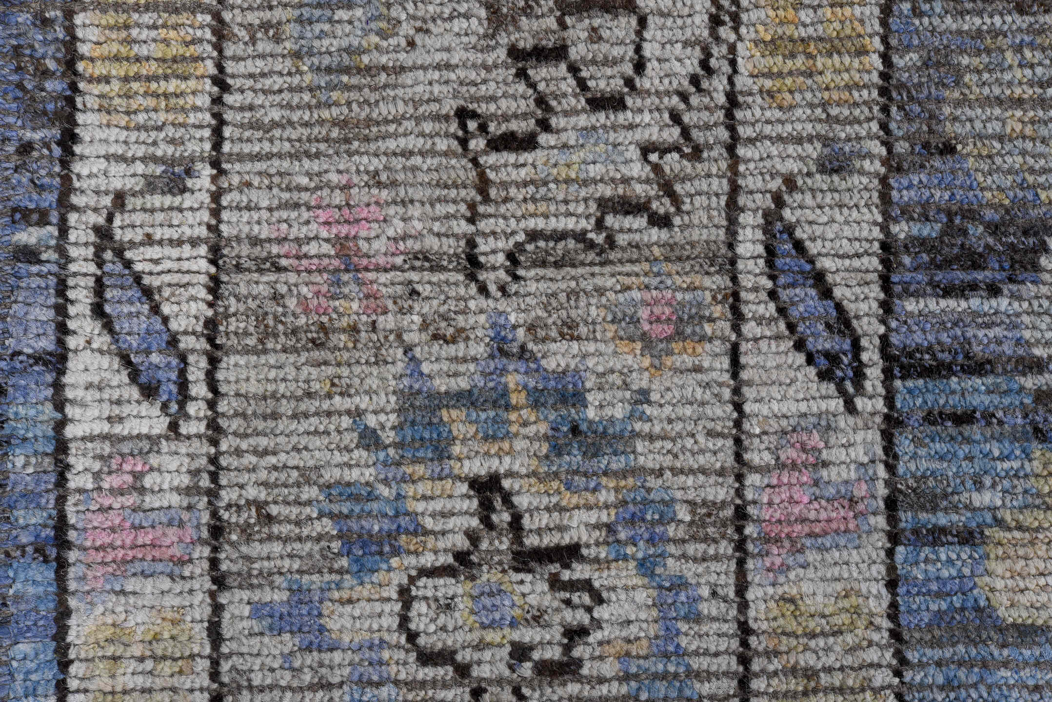 9' x 11' one-of-a-kind handmade vintage Oushak large size rug. Color palette: black, blue, charcoal, gray, light blue