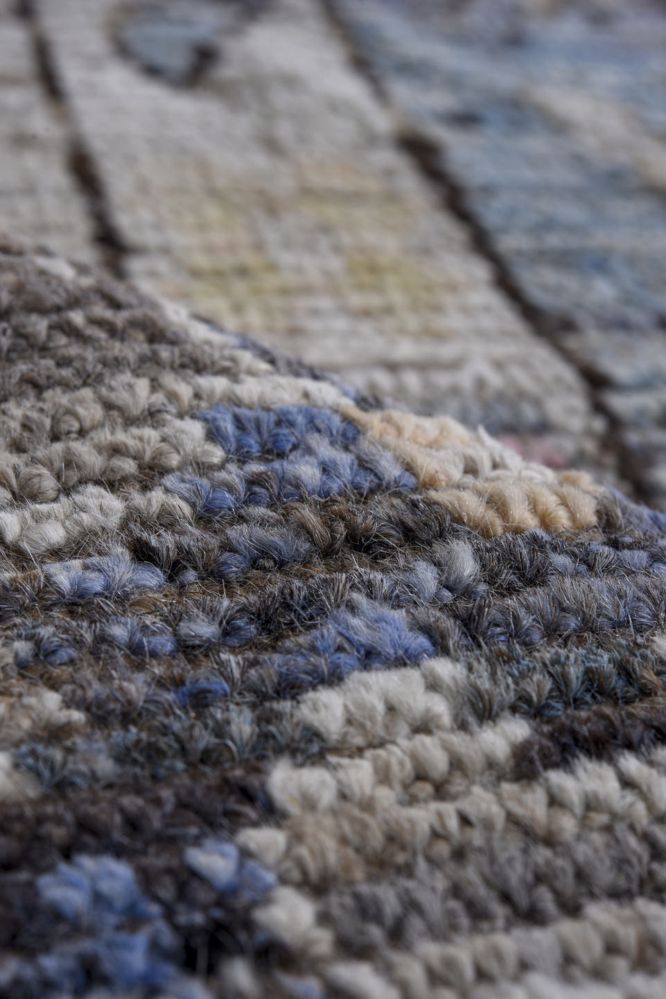 9' x 11' one-of-a-kind handmade vintage Oushak large size rug. Color palette: blue, ivory, taupe, pink, beige, charcoal