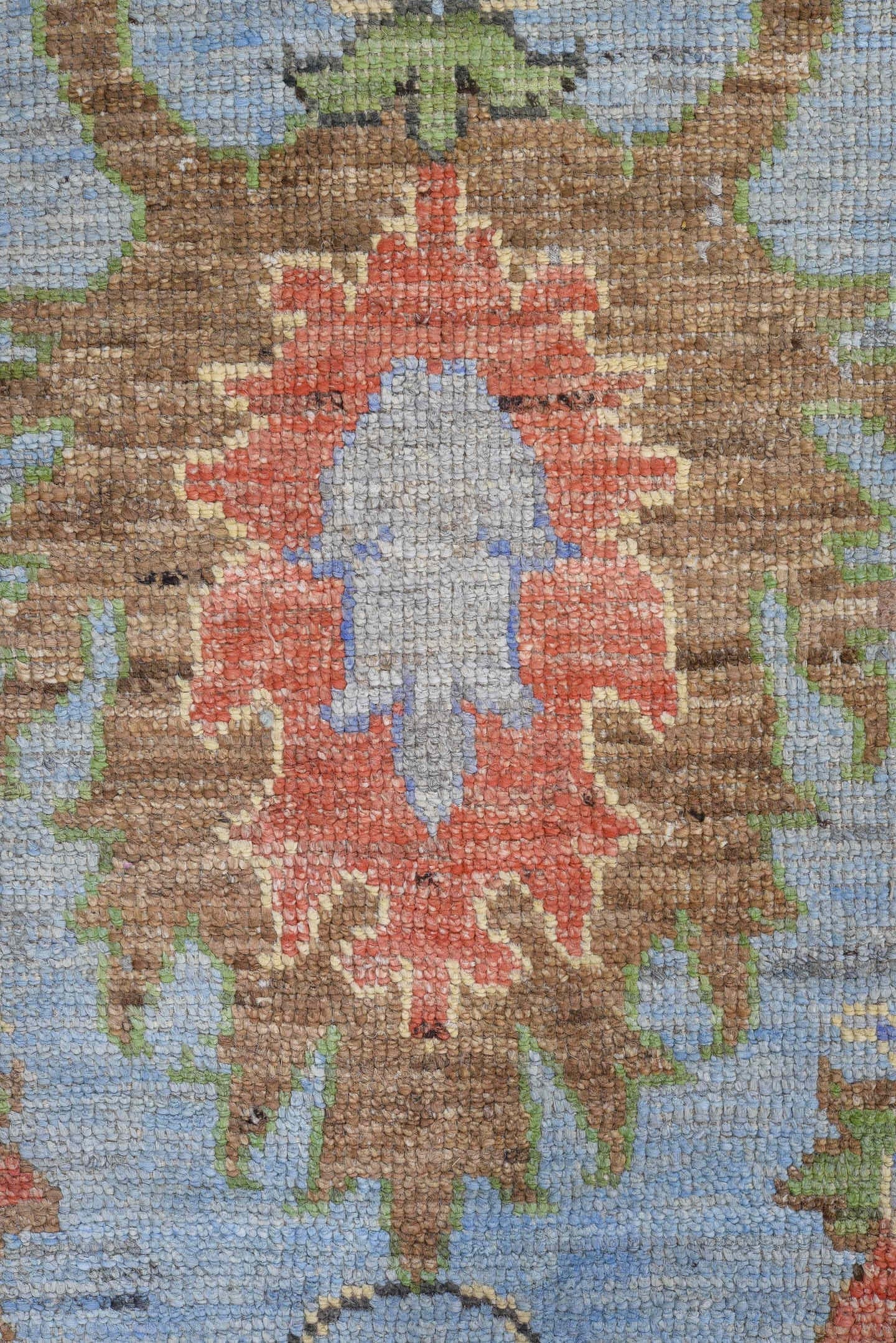 8' x 12' one-of-a-kind handmade vintage Oushak large size rug. Color palette: light blue, ivory, rust, sage, brown, lavender