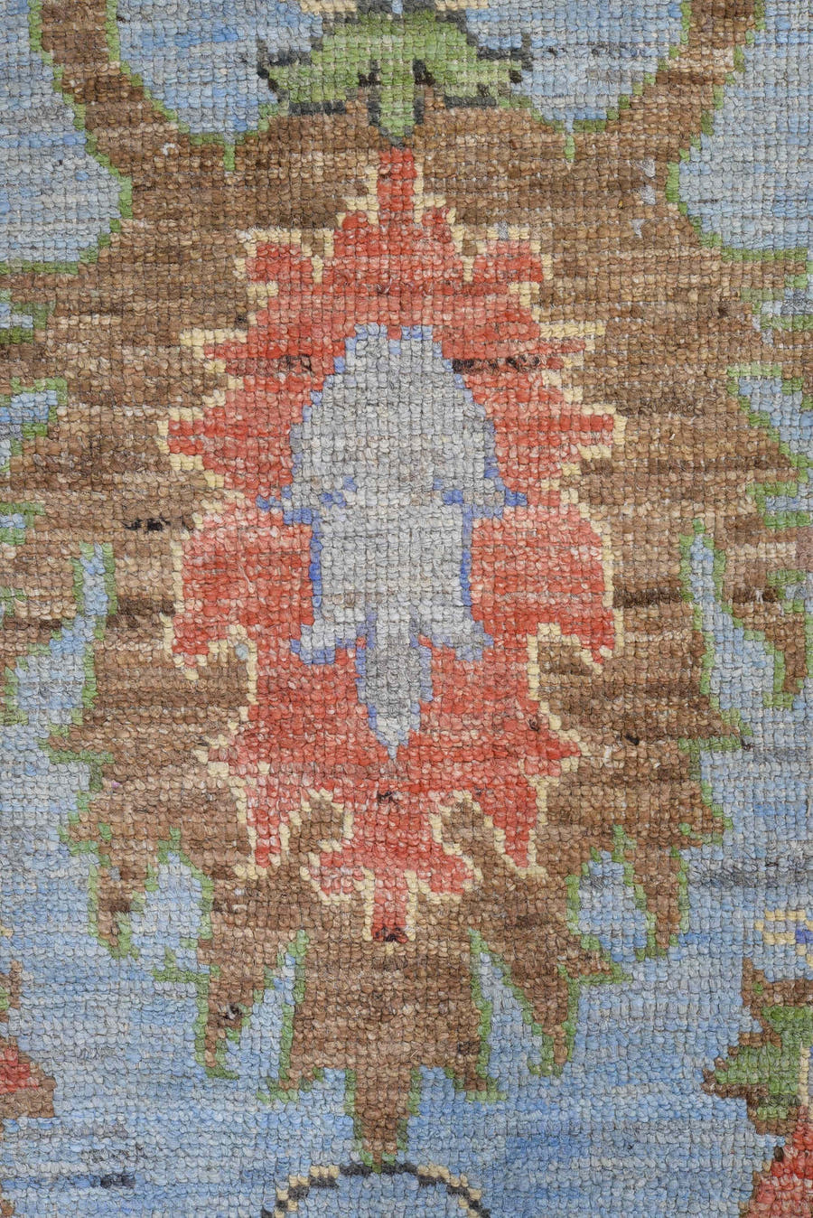 8' x 12' one-of-a-kind handmade vintage Oushak large size rug. Color palette: light blue, ivory, rust, sage, brown, lavender