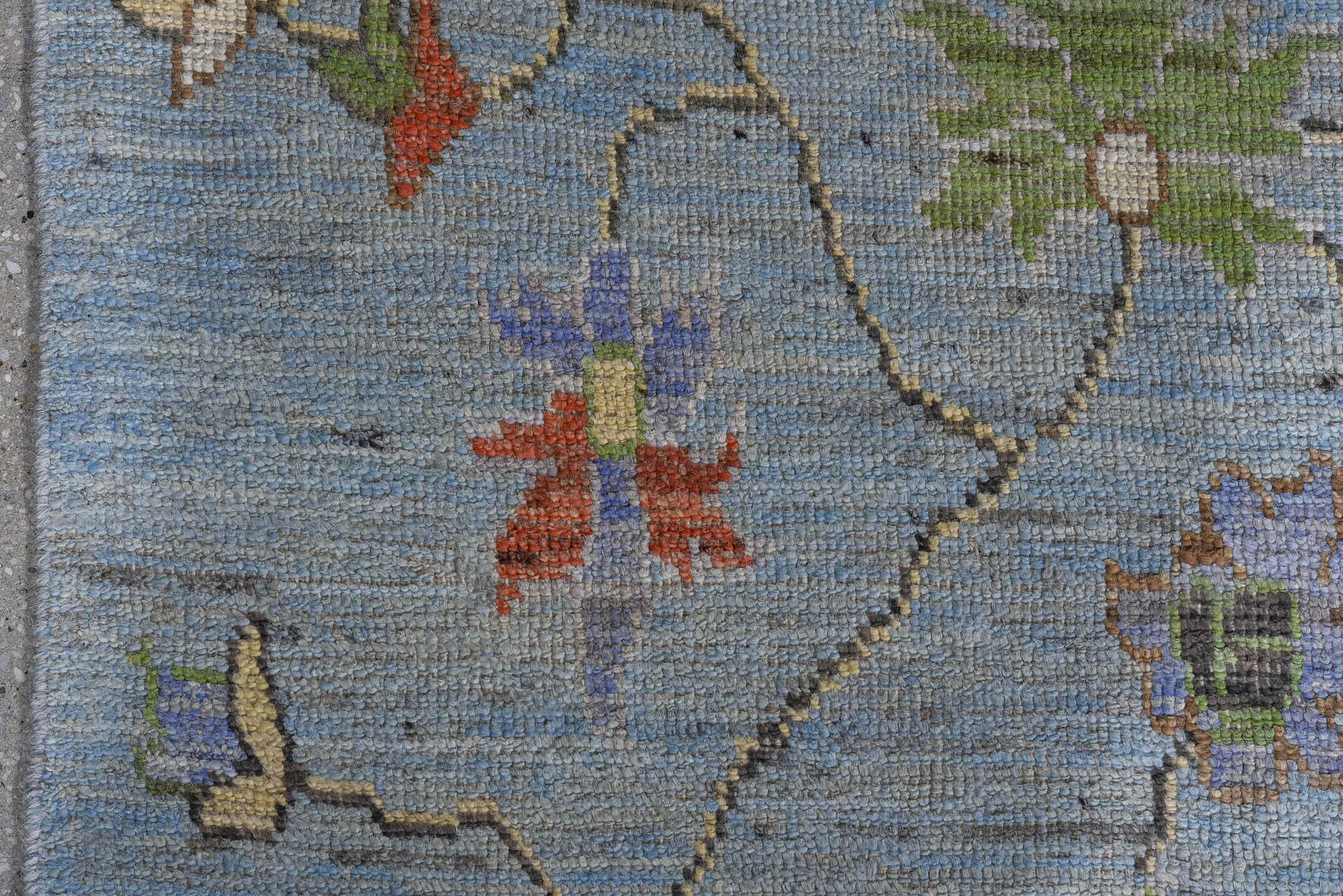 8' x 12' one-of-a-kind handmade vintage Oushak large size rug. Color palette: light blue, ivory, rust, sage, brown, lavender