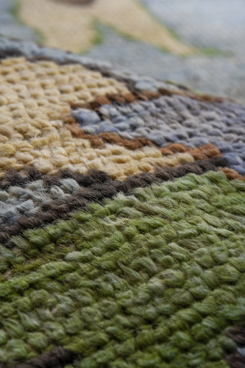 8' x 12' one-of-a-kind handmade vintage Oushak large size rug. Color palette: light blue, ivory, rust, sage, brown, lavender