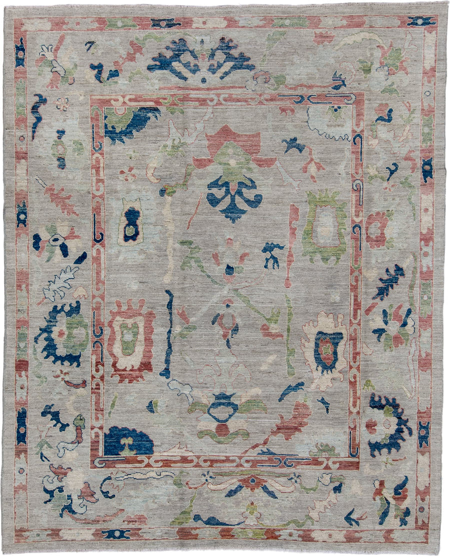 7' x 9' one-of-a-kind handmade vintage Oushak rug. Color palette: ivory, blush, sage, navy, taupe, rose, pink, green, blue