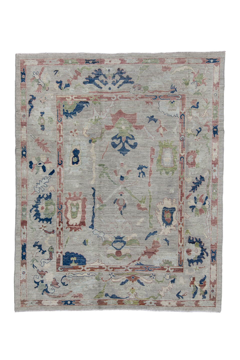 7' x 9' one-of-a-kind handmade vintage Oushak rug. Color palette: blue, brown, dark gray, fiord, gray, light gray, off-white