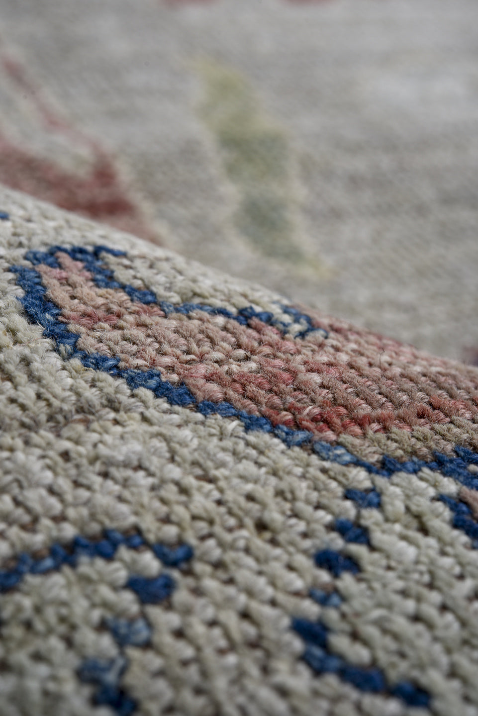 7' x 9' one-of-a-kind handmade vintage Oushak rug. Color palette: blue, brown, dark gray, fiord, gray, light gray, off-white