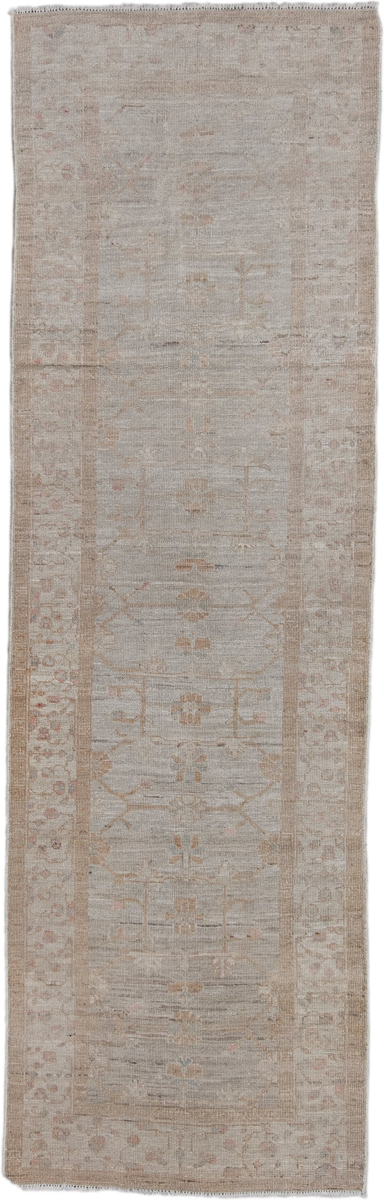 3' x 9' one-of-a-kind handmade vintage Oushak runner rug. Color palette: ivory, taupe, beige, sand, pale blush, gray, pink