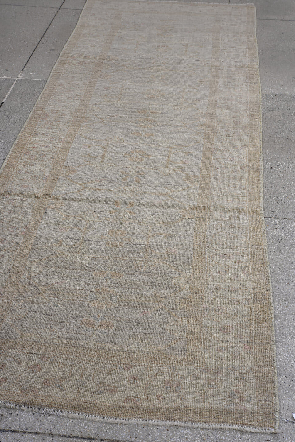 3' x 9' one-of-a-kind handmade vintage Oushak runner rug. Color palette: ivory, taupe, beige, sand, pale blush, gray, pink
