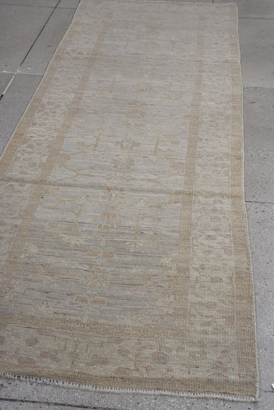 3' x 9' one-of-a-kind handmade vintage Oushak runner rug. Color palette: ivory, taupe, beige, sand, pale blush, gray, pink