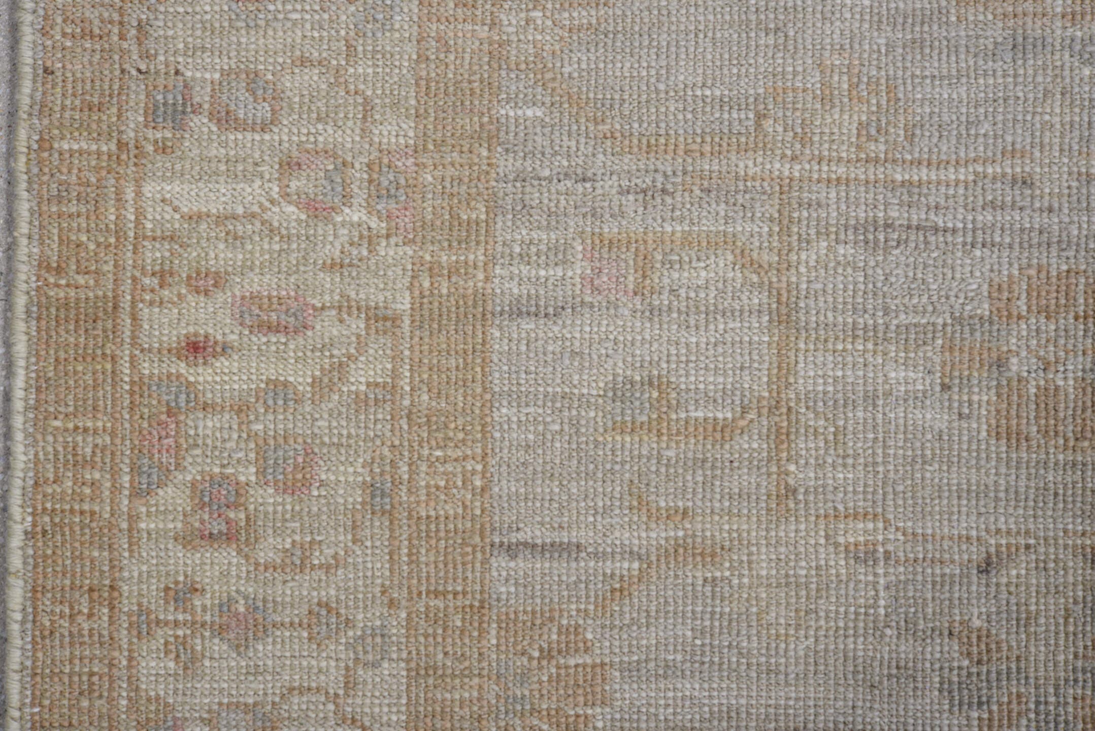 3' x 9' one-of-a-kind handmade vintage Oushak runner rug. Color palette: ivory, taupe, beige, sand, pale blush, gray, pink