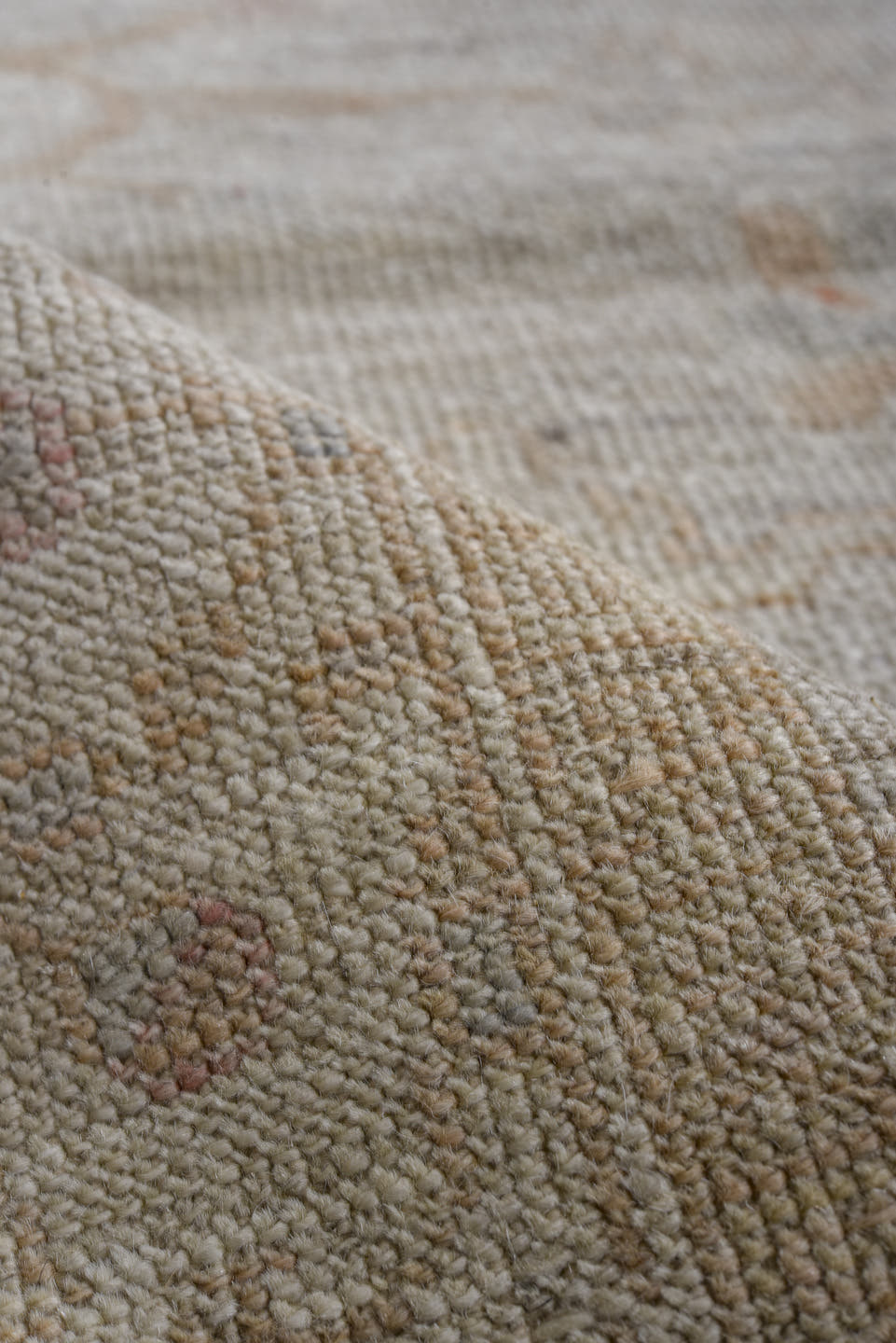 3' x 9' one-of-a-kind handmade vintage Oushak runner rug. Color palette: ivory, taupe, beige, sand, pale blush, gray, pink