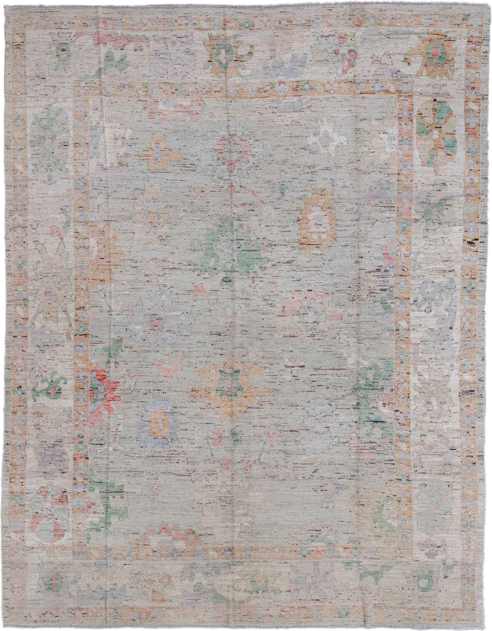11' x 15' one-of-a-kind handmade vintage Oushak oversize rug. Color palette: ivory, beige, sage, blush, gold, taupe