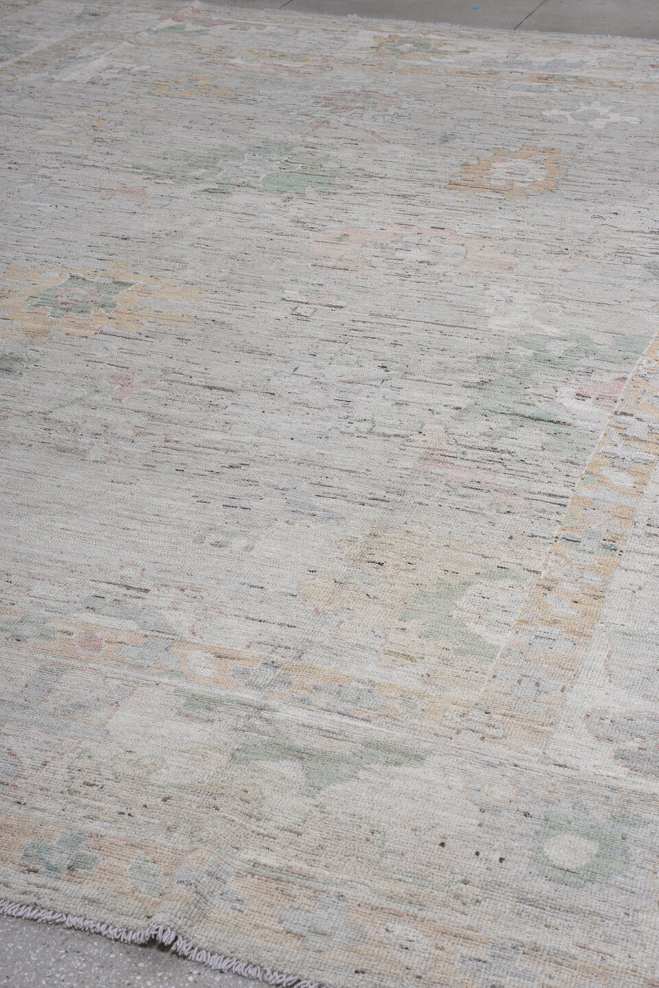 11' x 15' one-of-a-kind handmade vintage Oushak oversize rug. Color palette: ivory, beige, sage, blush, gold, taupe