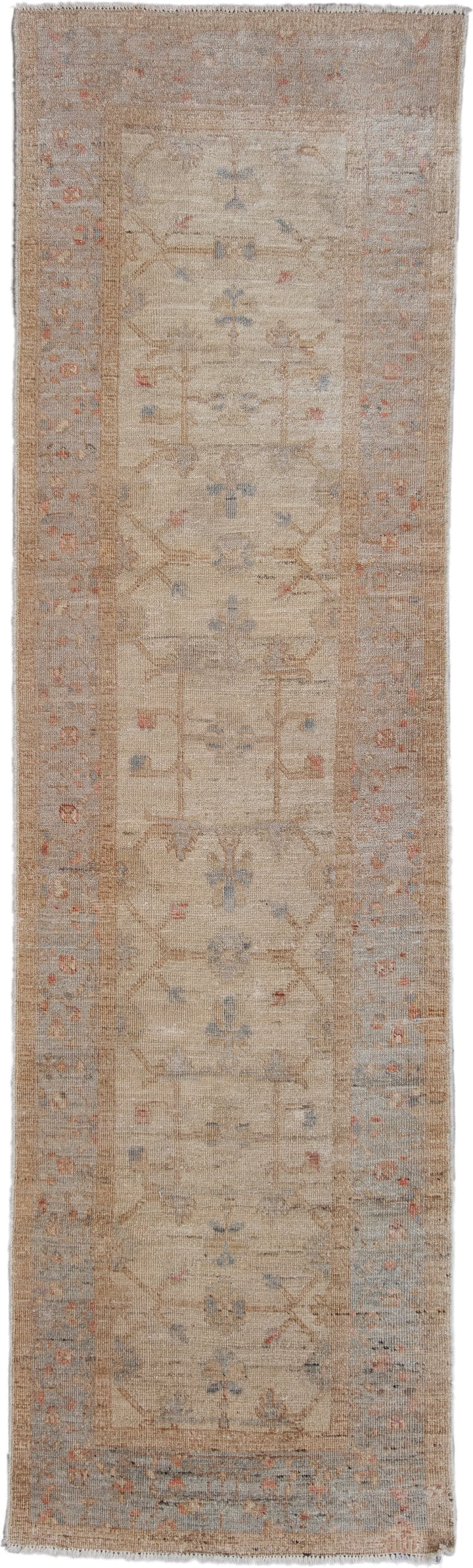 2' x 9' one-of-a-kind handmade vintage Oushak runner rug. Color palette: ivory, taupe, beige, pale blue, soft terracotta