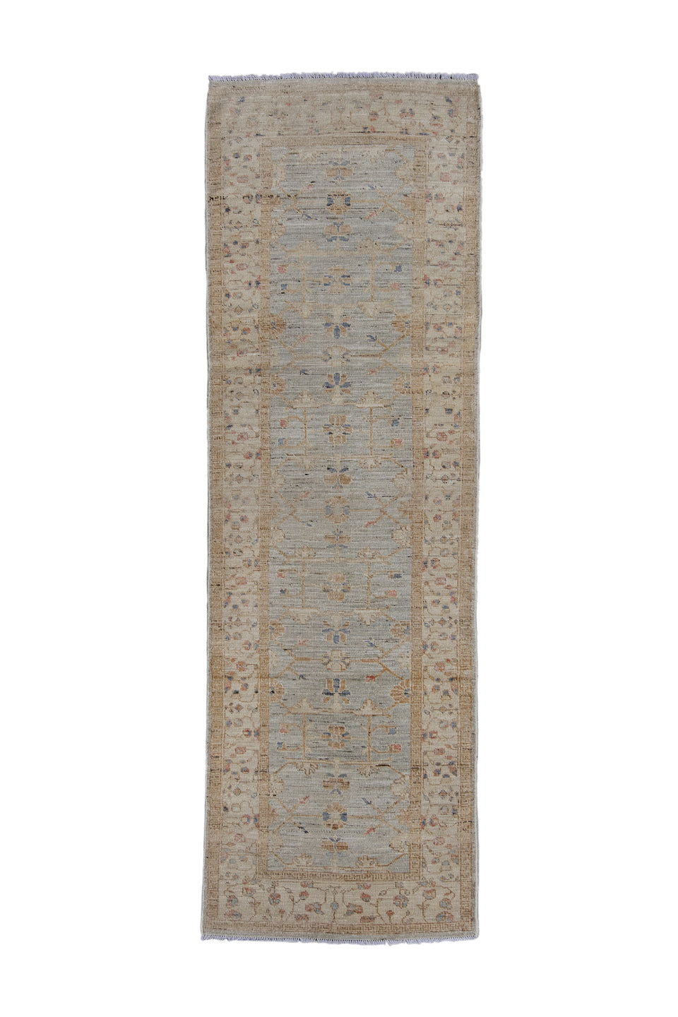 3' x 10' one-of-a-kind handmade vintage Oushak runner rug. Color palette: black, blue, brown, gray, light gray