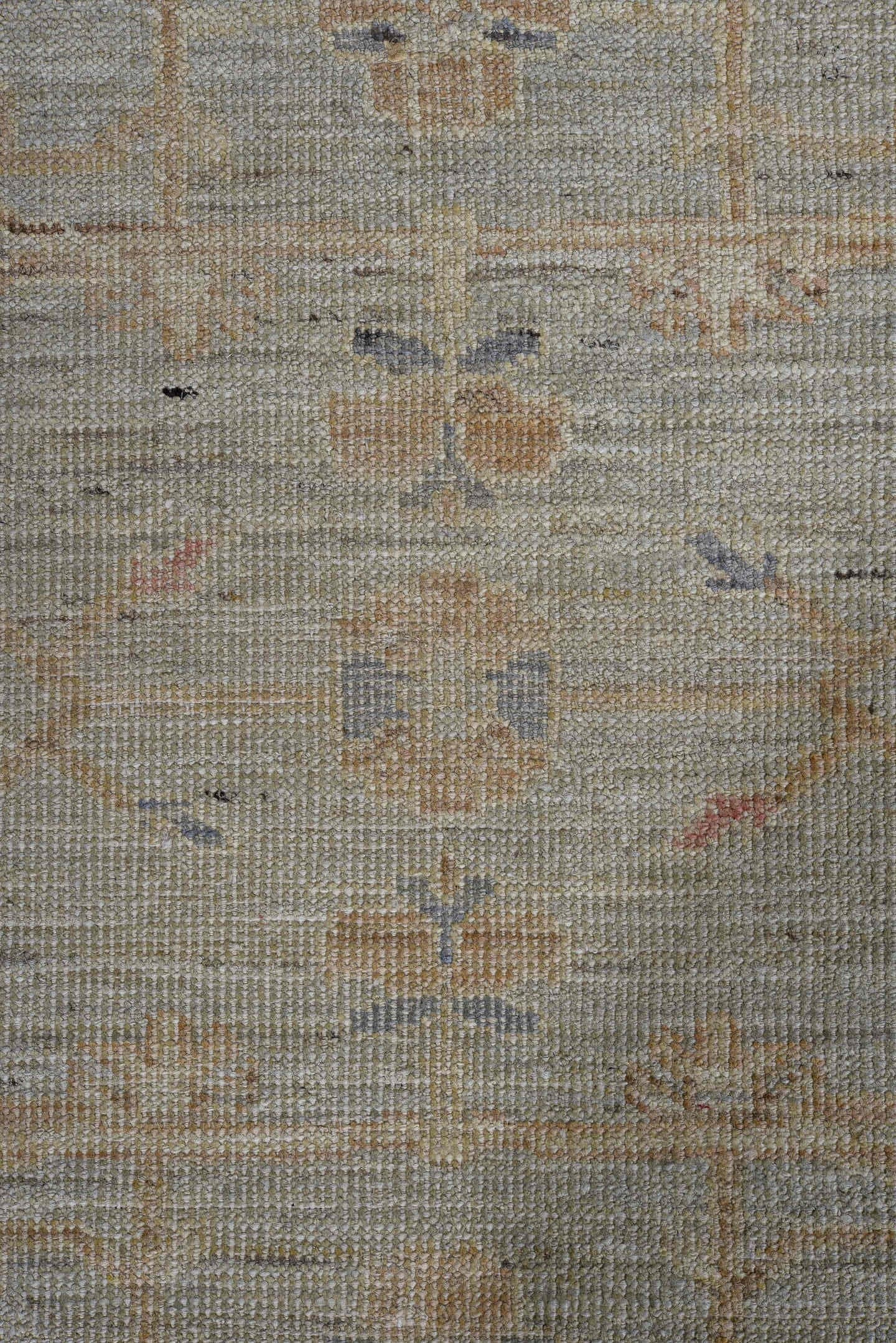3' x 10' one-of-a-kind handmade vintage Oushak runner rug. Color palette: beige, ivory, taupe, pale blue, camel, soft gold