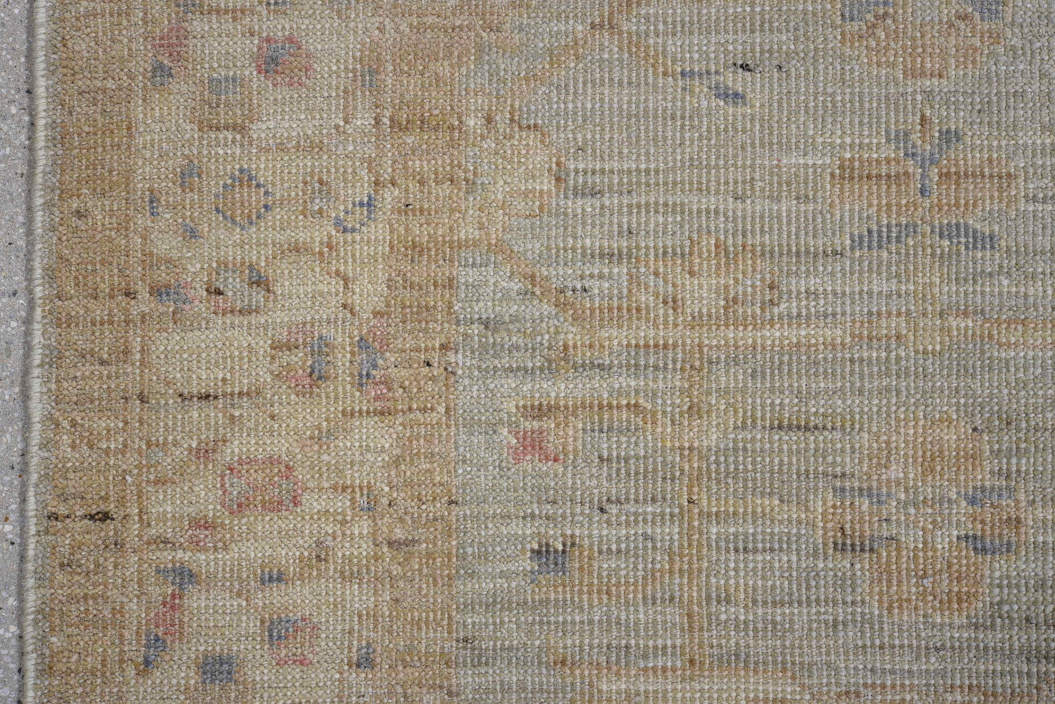 3' x 10' one-of-a-kind handmade vintage Oushak runner rug. Color palette: beige, ivory, taupe, pale blue, camel, soft gold