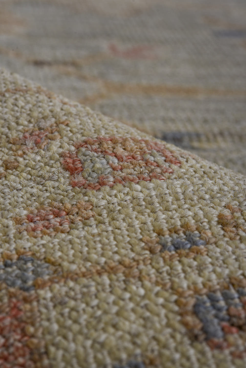 3' x 10' one-of-a-kind handmade vintage Oushak runner rug. Color palette: beige, ivory, taupe, pale blue, camel, soft gold