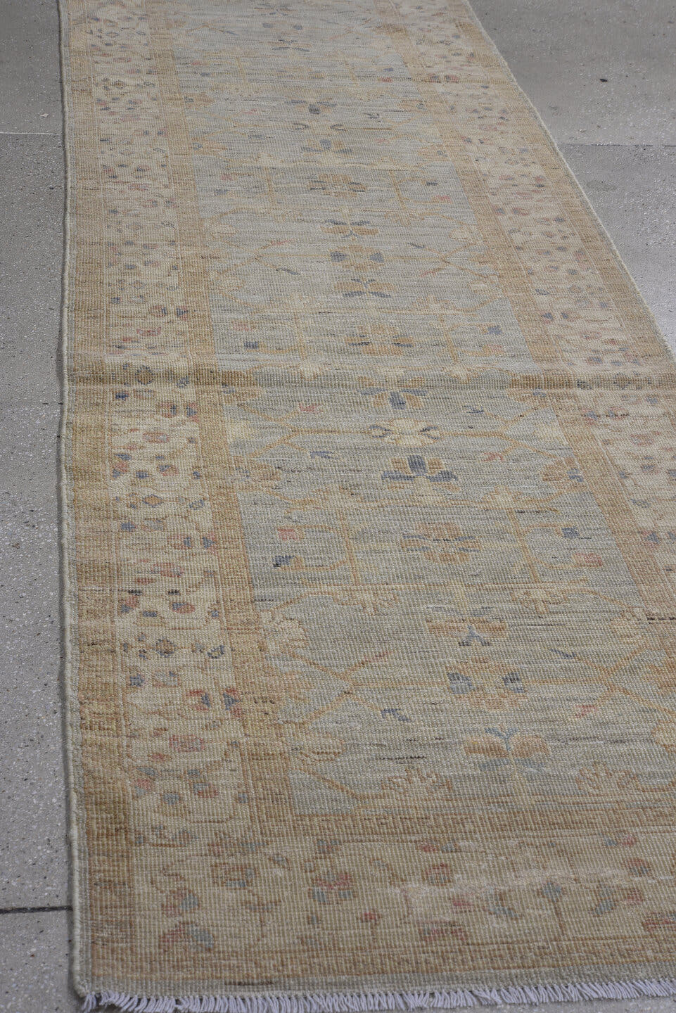 3' x 10' one-of-a-kind handmade vintage Oushak runner rug. Color palette: beige, ivory, taupe, pale blue, camel, blush, sage