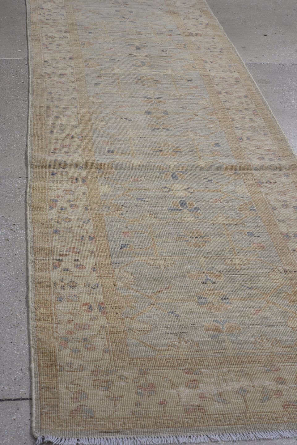 3' x 10' one-of-a-kind handmade vintage Oushak runner rug. Color palette: beige, ivory, taupe, pale blue, camel, blush, sage