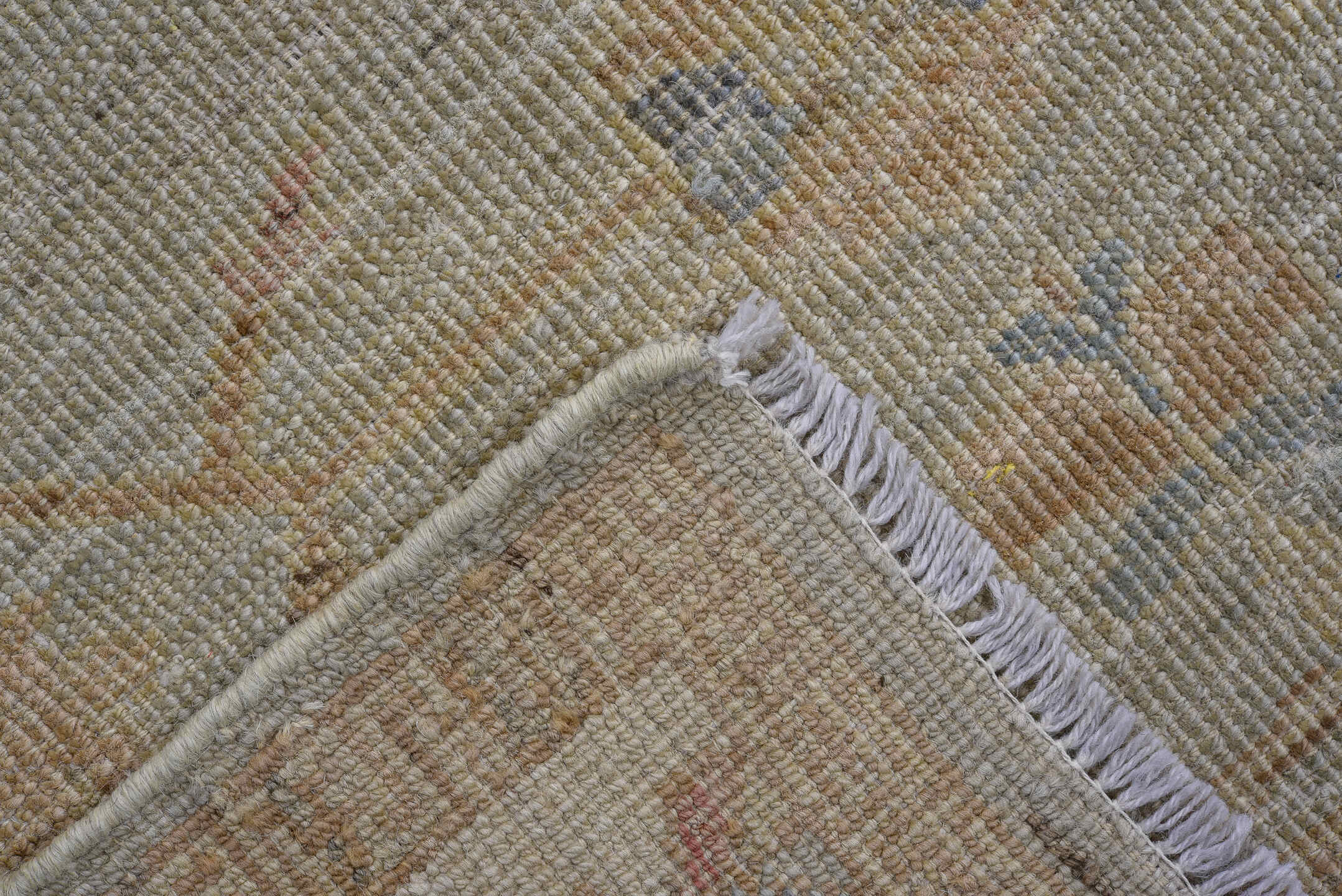 3' x 10' one-of-a-kind handmade vintage Oushak runner rug. Color palette: beige, ivory, taupe, pale blue, camel, blush, sage
