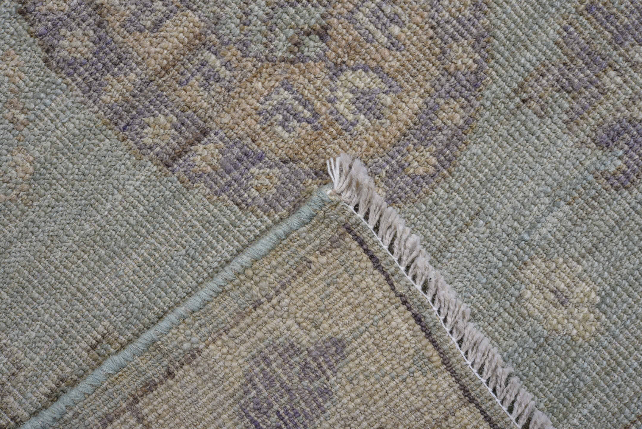 3' x 9' one-of-a-kind handmade vintage Oushak runner rug. Color palette: ivory, pale blue, taupe, lavender, beige, gray