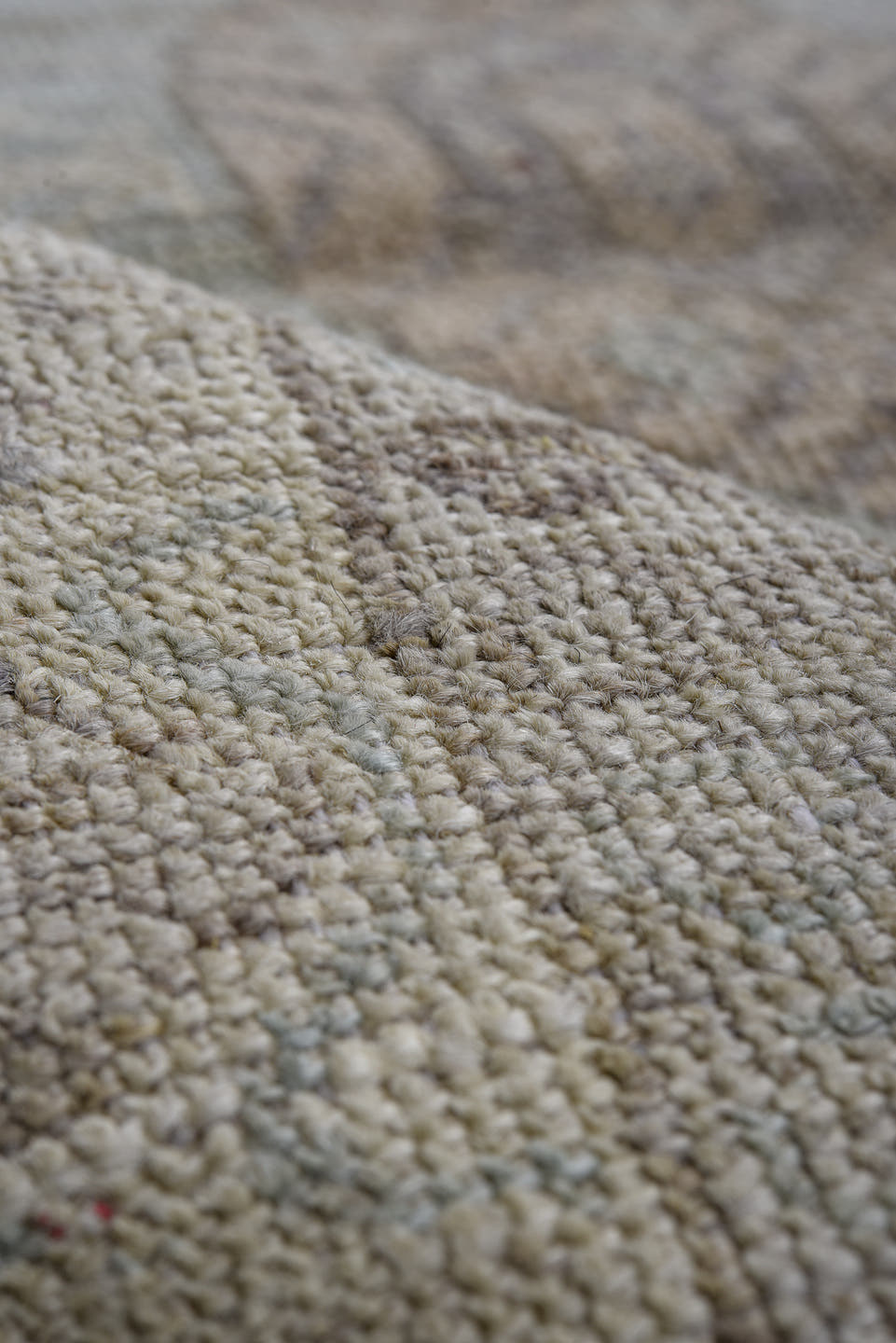 3' x 9' one-of-a-kind handmade vintage Oushak runner rug. Color palette: ivory, pale blue, taupe, lavender, beige, gray