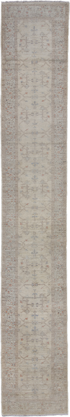 3' x 19' one-of-a-kind handmade vintage Oushak runner rug. Color palette: ivory, taupe, beige, soft blue, rust, gray