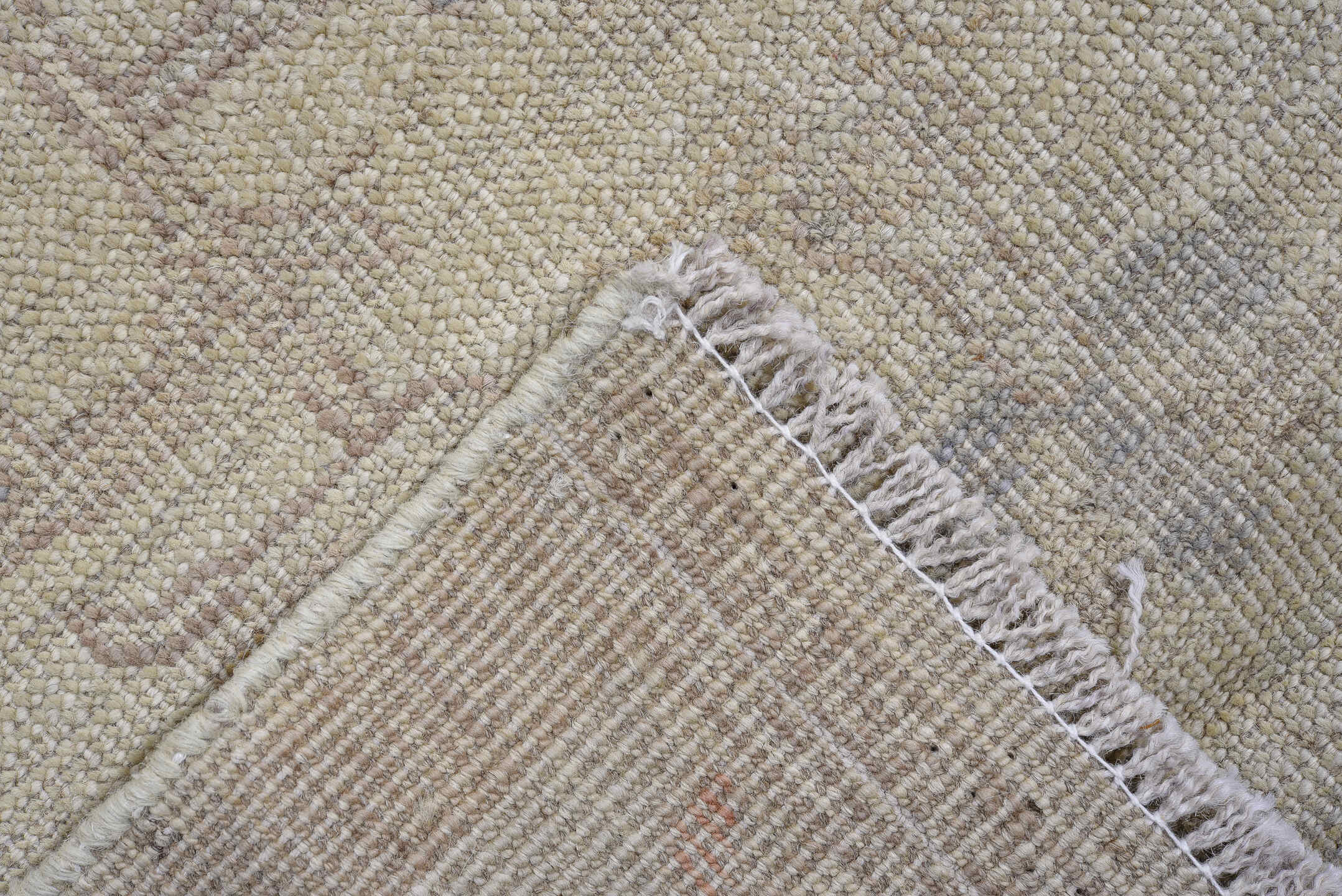 3' x 19' one-of-a-kind handmade vintage Oushak runner rug. Color palette: ivory, taupe, beige, soft blue, rust, gray